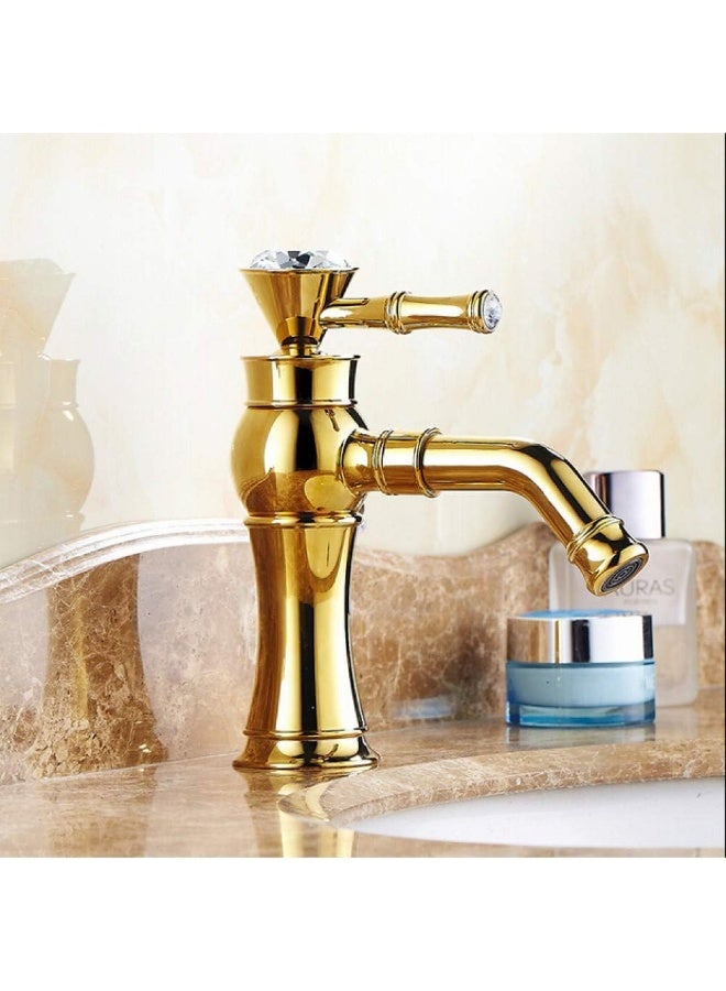 واي دي صنبور حوض فاخر بمقبض واحد مع ذراع كريستالي، صنبور خلاط حوض مثبت على سطح الحوض، مصنوع من النحاس الصلب، فوهة عالية القوس، صنبور عصري لحوض الغسيل المثبت على سطح الحوض. - Image 1